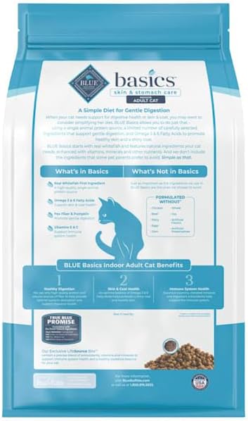 Blue Buffalo Basics Grain-Free Dry Cat Food, Skin & Stomach Care, Limited Ingredient Diet for Indoor Cats, Whitefish & Potato Recipe, 5-lb. Bag