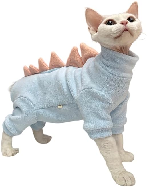 Sphynx cat Clothes, Dinosaur Costume, Hairless Cats Warm Clothes for Cornish Rex and Devon Rex (Blue, XXL(10-12lbs))