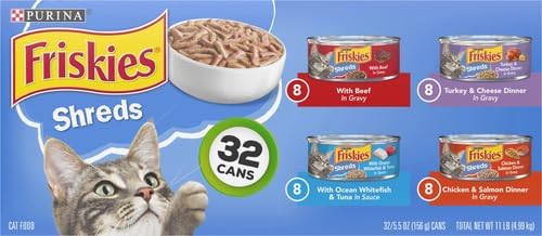 Friskies Purina Gravy Wet Cat Food Variety Pack,Savory Shreds with Beef,Turkey and Cheese Dinner,Chicken and Salmon Dinner,with Ocean Whitefish-and Tuna - 5.5 oz. Cans,(Pack of 64)