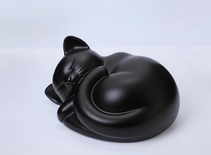 Pet Cat Urns for Ashes, Sleeping Resin Cremation Animal Urn and Sealed Bag, Decorative Memorial, Fur Keepsake, Ashes Necklace, Keychain, Inkless Paw Print Kit, Picture Frames, Sympathy Cards(Black)