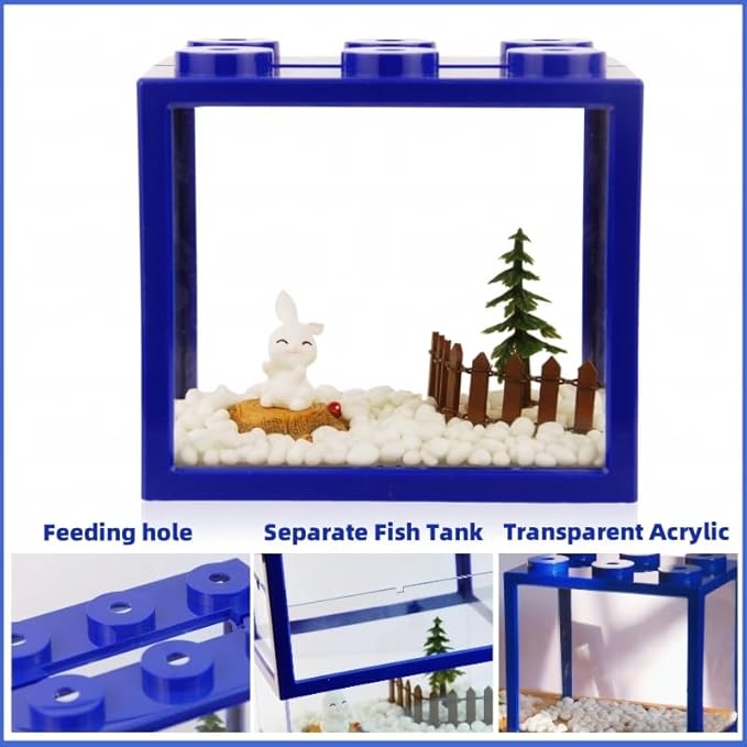 Small Betta Fish Tank, Stackable Mini Aquarium Tank Kit with Aquarium Gravel & Forest Micro Landscape, 0.6 Gallon Acrylic Cube Fish Bowl for Sea Monkeys Shrimp Snails (Blue)