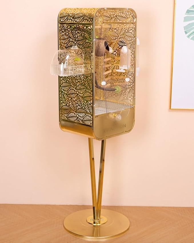 50.4in Large Bird Cage with Stand, Metal Parrot Cage with Transparent Door, Elegant Birdcage for Lovebirds, Cockatiels, Grey Parrots