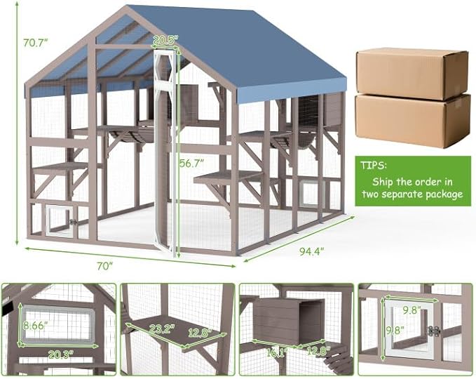 PetsCosset 71" H Catio Outdoor Cat Enclosure Large Wooden Walk in Cats House Outside Weatherproof Roof,Attached to House's Window,Cat's Door and Tunnel (94.4: Large Catio-P12N)