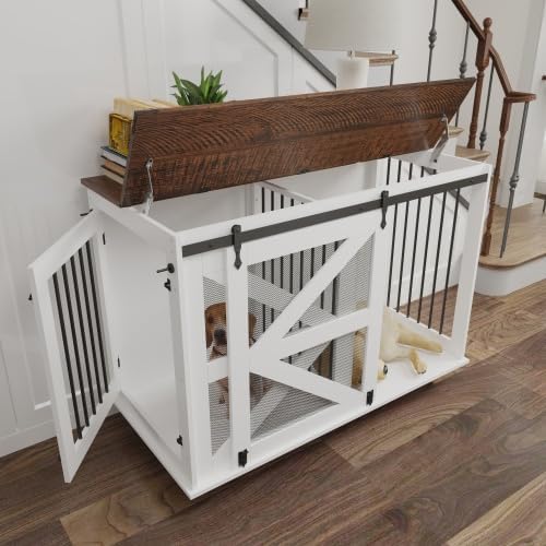 Mobile Dog Crate with Flip-Top Feeding Door, Dual-Access & 5 Caster System (2 Locking), Side Hooks - Multi-Functional Pet Kennel, 47.2" Double Dog Crate Furniture