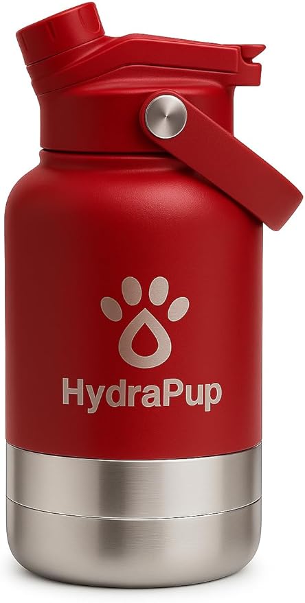 32oz Insulated Water Bottle with Dog Bowls – Human & Pet Shared Use, Stainless Steel Leakproof Travel Bottle (Crimson Red)