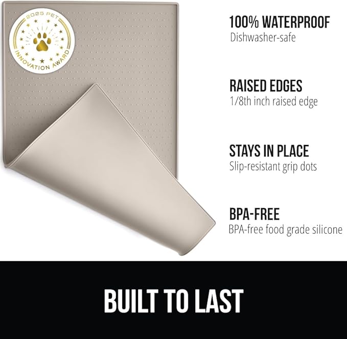GORILLA GRIP 100% Waterproof Raised Edge BPA Free Silicone Pet Feeding Mat, Dog Cat Food Mats Contain Spills Protects Floors, Placemats for Cats and Dogs Water Bowl, Pets Accessories 18.5x11.5 Beige