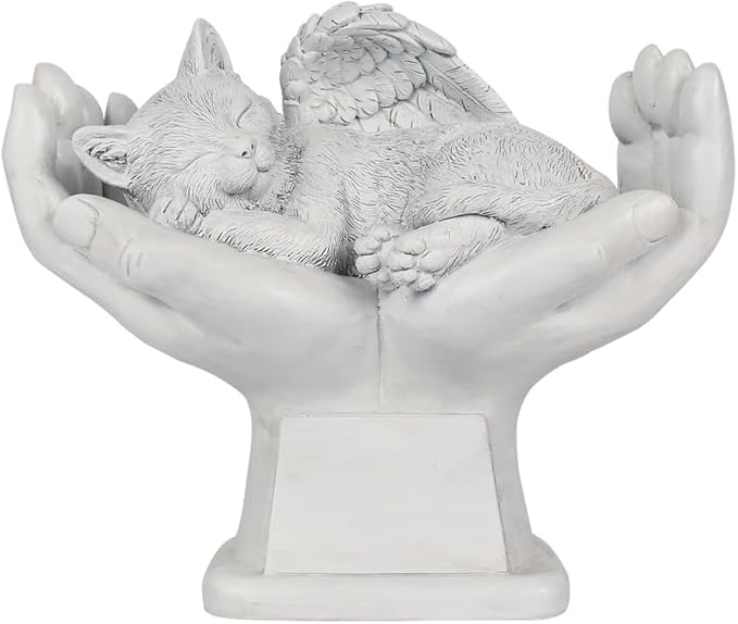 Personalized Memorial Cat Angel Tribute Statue Resting in Peace in God's Hands, Cat Passing Away Gifts, Pet Loss Gift for Cat Grave Marker Stone -Customizable Name and Date