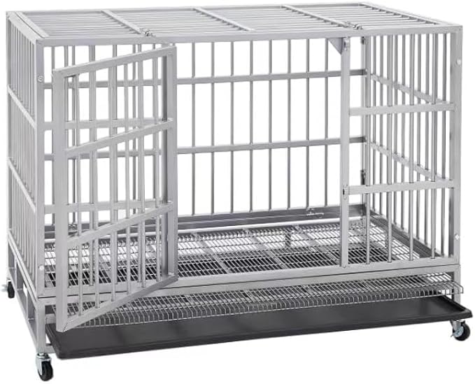 38 inch Heavy Duty Indestructible and Escape-Proof Dog Crate Cage Kennel for Large Dogs, High Anxiety Dog Crate with Removable Wire Trays and Wheels, Extra Large XL XXL, Silver