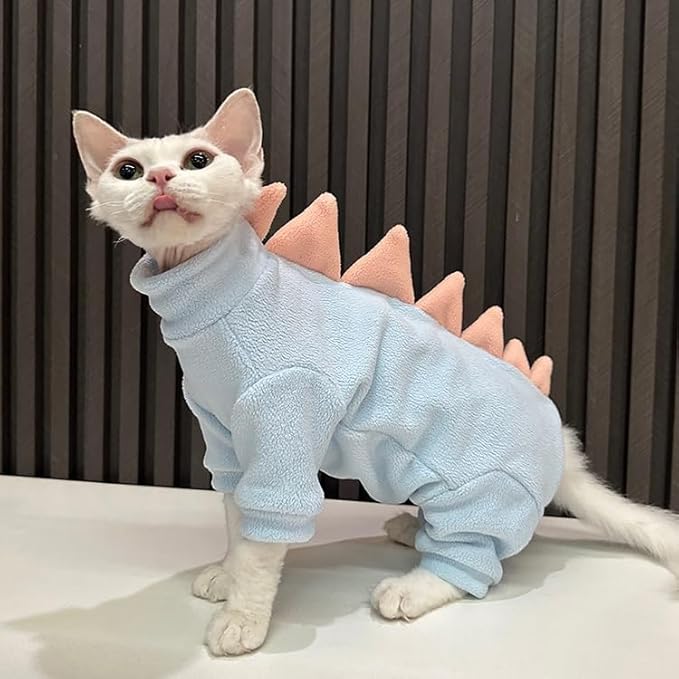 Sphynx cat Clothes, Dinosaur Costume, Hairless Cats Warm Clothes for Cornish Rex and Devon Rex (Blue, XXL(10-12lbs))