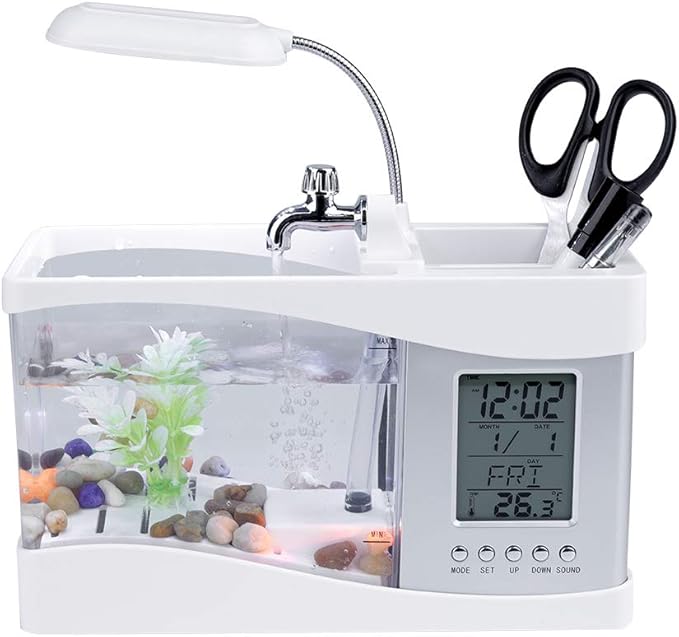 Multifunctional Mini Fish Tank, Desktop Fish Tank Aquarium USB Rechargeable Mini Fish Tank Aquarium Mini Fish Bowl with Clock Function LED Light (White)