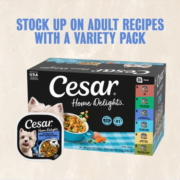 Cesar Home Delights Adult Wet Dog Food, Pot Roast with Spring Vegetables, Beef Stew, Turkey, Green Beans, & Potatoes, and Hearty Chicken & Noodle Dinner in Sauce Variety Pack, 3.5 oz. 24 Count