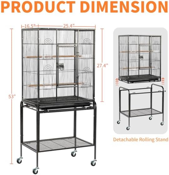 53" Large Flight Bird Cage with Rolling Stand & Storage Shelf for Parrots Lovebird Cockatiel Parakeets, Black