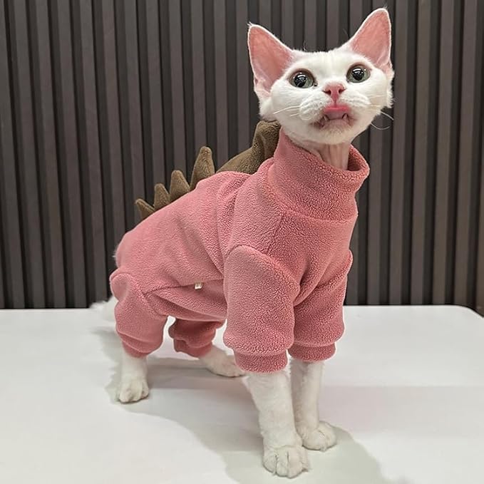 Sphynx cat Clothes, Dinosaur Costume, Hairless Cats Warm Clothes for Cornish Rex and Devon Rex (Red, L(5.5-8lbs))