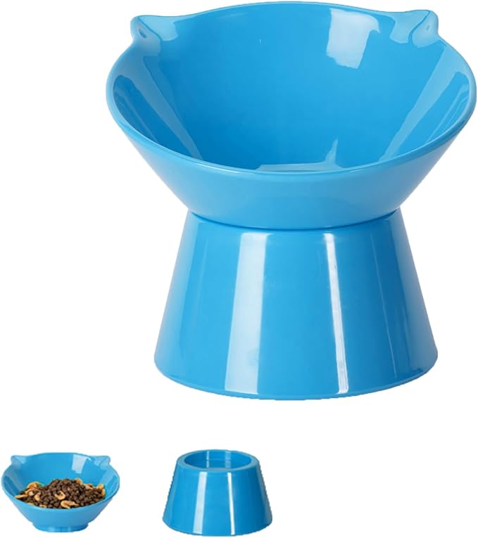 Detachable Elevated Cat Bowls, 15° Tilted Raised Cat Food Bowl Anti-Vomiting,Whisker Friendly, Adjustable Large Cat Dishes Extra Wide for Protecting Spine, Adult Kitten (Blue)