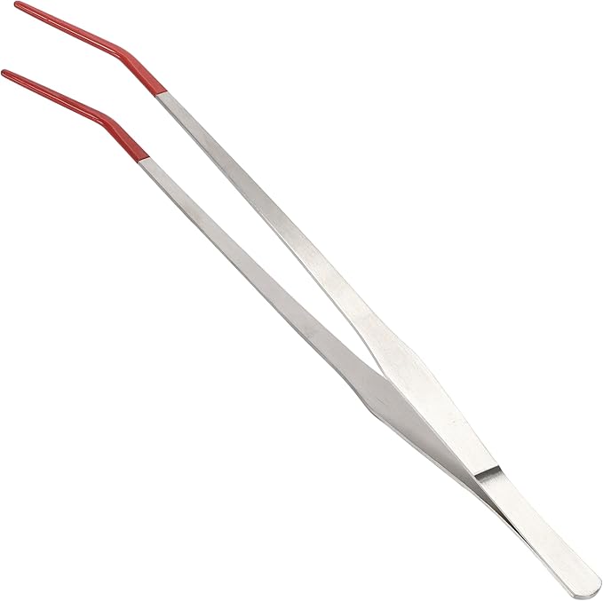 Reptile Feeding Tongs, Stainless Steel Lizard Feeding Tongs, Aquarium Curved Feeding Tweezers for Reptiles with Rubber Tip, Terrarium Feeding Tongs for Gecko, 14.96" Length, Red