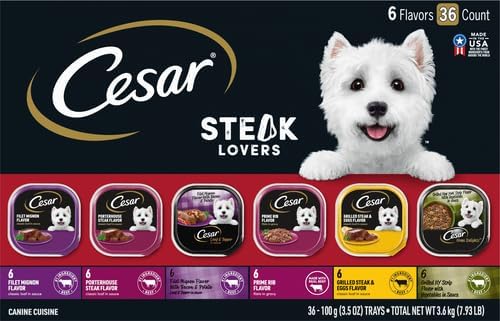 Cesar Adult Wet Dog Food Steak Lovers Variety Pack with Real Meat, 3.5 oz. Easy Peel Trays, 36 Count (Pack of 1)