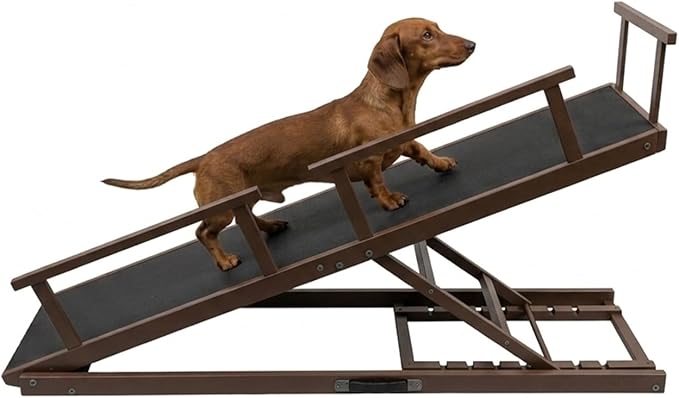 7 Adjustable Dog Ramp for Bed, Couch - 63" Foldable Birchwood Dog Ramp with Safety Rails, Non-Slip EVA Surface & DIY Glow in The Dark Strips, Wooden Pet Ramp for Large Dogs Supports 250Lbs