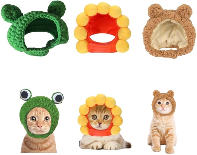 ParcaCrivra Cat Hats for Cats Only 3 Pack - Frog Brown Bear Sunflower Pet Headwear, Adjustable Velcro Strap, Cute Costume Accessory for Cats