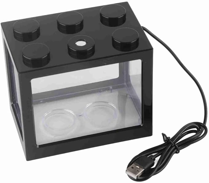 Mini USB LED Aquarium Fish Bowl Plastic Tank with White Light for Desk Tabletop Decor Energy-Saving Office Accent(Black)