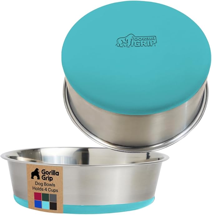 GORILLA GRIP Dog Bowls, Holds 4 Cups Each (32 fl oz), Heavy Duty Stainless Steel Food and Water Bowl for Feeding Dogs and Cats, Dishwasher Safe, Rust Resistant, BPA Free Rubber Base Set of 2 Turquoise