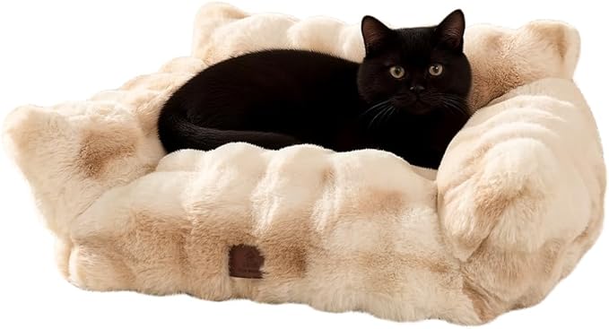 Cat Bed for Indoor Cats Dog Couch Cat Couch Bed Washable Dog Beds for Small Dogs & Cats with Removable Cover, Fluffy Pets Couch with Non-Slip Bottom 24"X18"X10"Beige