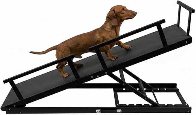 7 Adjustable Dog Ramp for Bed, Couch - 63" Foldable Birchwood Dog Ramp with Safety Rails, Non-Slip EVA Surface & DIY Glow in The Dark Strips, Wooden Pet Ramp for Large Dogs Supports 250Lbs