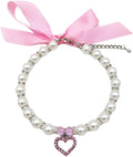 Pearl Crystal Dog Necklace Collar Jewelry for Small Dogs Puppy, Bling Cat Wedding Collar with Rhinestones Charm, Chihuahua Yorkie Clothes Outfits Accessories (Pink Heart, 8 to 10-Inch)