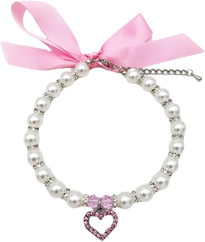 Pearl Crystal Dog Necklace Collar Jewelry for Small Dogs Puppy, Bling Cat Wedding Collar with Rhinestones Charm, Chihuahua Yorkie Clothes Outfits Accessories (Pink Heart, 8 to 10-Inch)