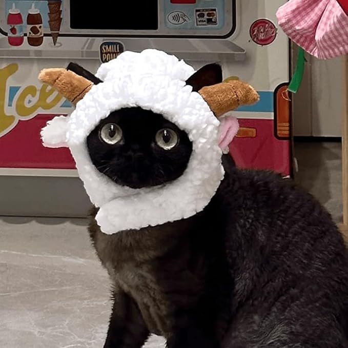 Warm Fleece Lined Winter Clothing for Sphynx & Devon Rex Cats | Soft Faux Lamb Wool | Cozy and Comfortable (Sheep Costume,Sheep hat with Horns)