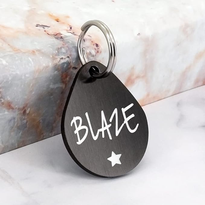 Ultra Joys Cat ID Tag Personalized Pet Tags, Durable Stainless Steel Small Pet Mini Dog Cat Tag Lightweight -Teardrop Tag in Black