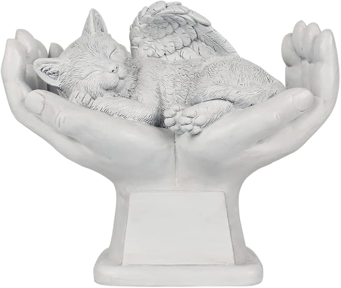 Personalized Cat Pet Grave Markers Memorial Angel Statue Stone with in God's Hands, Cat Pet Headstone Garden Stone，in Loving Memory of A Pet Lost Gift, 7 Inch(H)