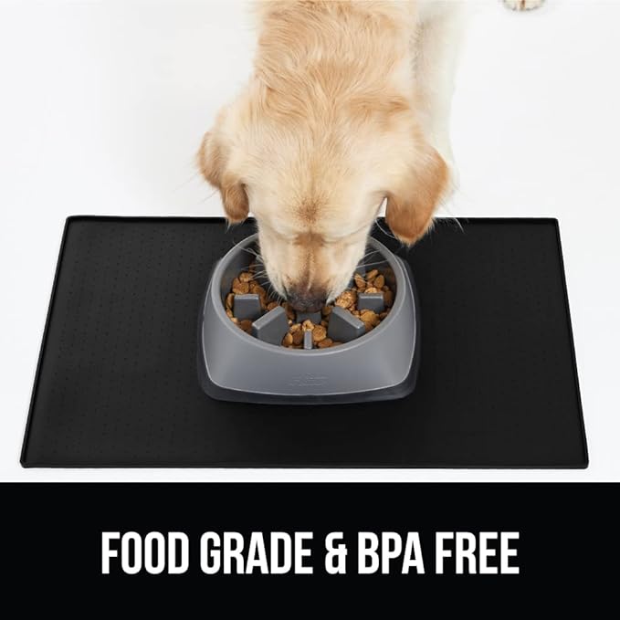 GORILLA GRIP 100% Waterproof Raised Edge BPA Free Silicone Pet Feeding Mat, Dog Cat Food Mats Contain Spills Protects Floors, Placemats for Cats and Dogs Water Bowl, Pets Accessories 28x18 Black