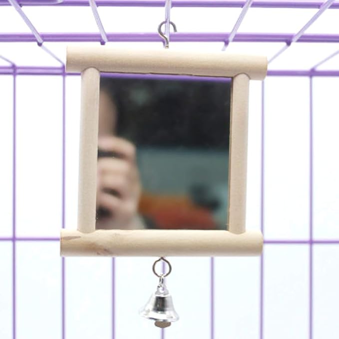 Litewoo Bird Mirror Wooden Hanging Swing Interactive Play Toys for Small Parrot Budgies Macaw African Grey Parakeet Cockatiel Conure Lovebird Cage Accessories (Bird Mirror with Bell-ONE)