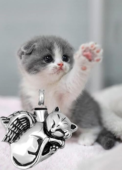 NanMuc Cute Angel Cat Pet Urn Necklace for Ashes Cremation Jewelry Memorial Animal Stainless Steel Pendant Ashes Holder Keepsakes Jewelry