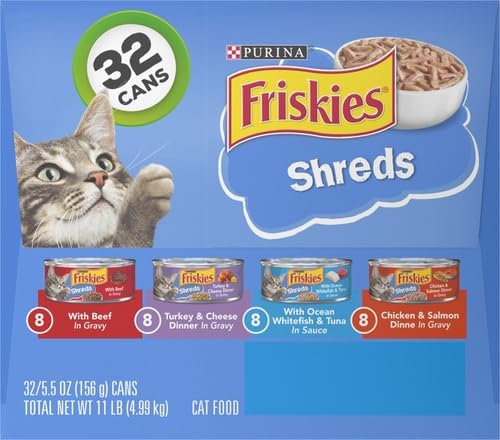 Friskies Purina Gravy Wet Cat Food Variety Pack,Savory Shreds with Beef,Turkey and Cheese Dinner,Chicken and Salmon Dinner,with Ocean Whitefish-and Tuna - 5.5 oz. Cans,(Pack of 64)
