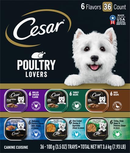 Cesar Classic Loaf in Sauce and Home Delights Adult Wet Dog Food Poultry Lovers Variety Pack with Real Chicken, Turkey or Duck, 3.5 oz. Easy Peel Trays, 36 Count (Pack of 1)