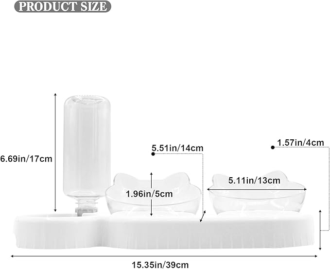 Triple Dog 3-in-1 Tilt Cat Bowls - Double Food Bowls with Automatic Water Bottle, Removable Wet & Dry Food Bowl Set for Small Cats & Puppies (White)