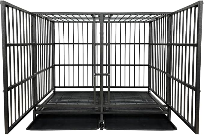 54 inch Heavy Duty Indestructible and Escape-Proof Dog Crate Cage Kennel with Divider for 2 Large Dogs, High Anxiety Dog Crate with Removable Wires Trays and Wheels, Extra Large XL XXL