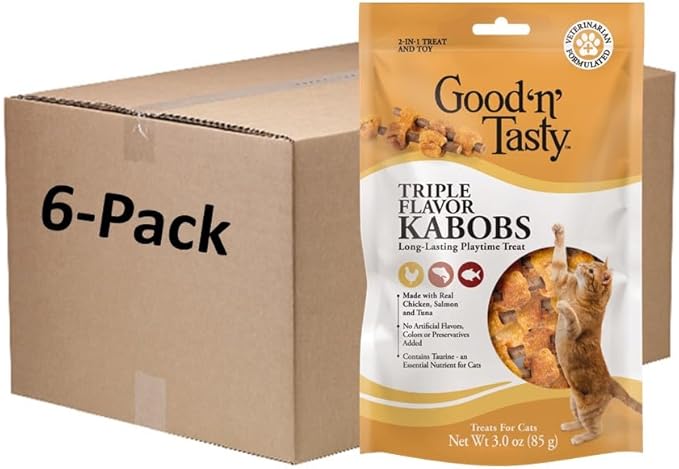 Good ‘n’ Tasty Triple Flavor Kabobs Cat Treat, 3 Ounce Bag, Long-Lasting Playtime Treat for Cats Made with Real Chicken, Salmon & Tuna, 6 Pack