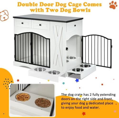 Farmhouse Style Dog Crate Furniture with 3 Drawers - Heavy Duty Indoor Wooden Dog Kennel, End Table for Medium Large Dogs, Removable Feeder, 43.3 Inch Large Dog Cage with Double Door Design
