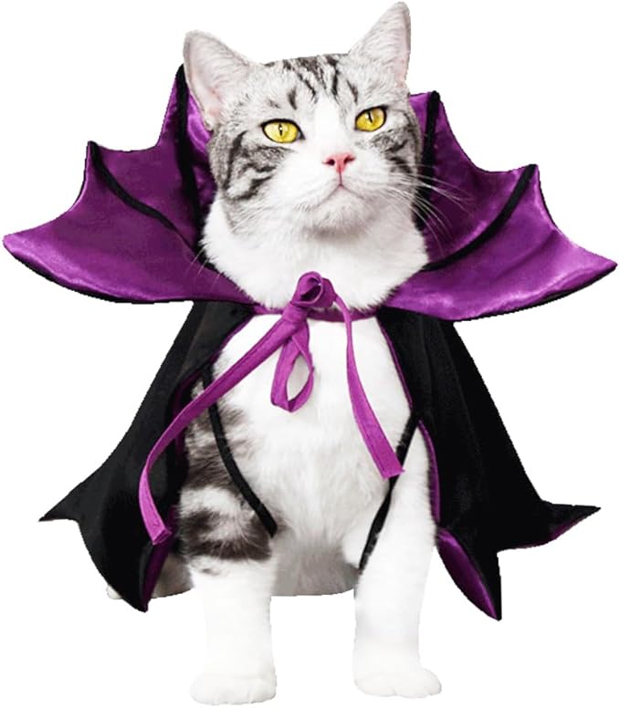Cat Halloween Costume, Vampire Bat Wings Cape for Pets, Small Dog Halloween Costumes for Trick-or-Treating, Cosplay Events, Parties & Photos (Purple)