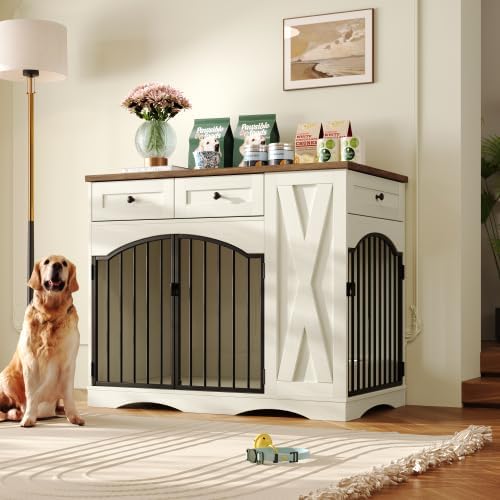 43.3 Inch Farmhouse Style Dog Crate Furniture with 3 Drawers - Heavy Duty Indoor Wooden Dog Kennel, End Table for Medium Large Dogs, Removable Feeder, Double Door Design