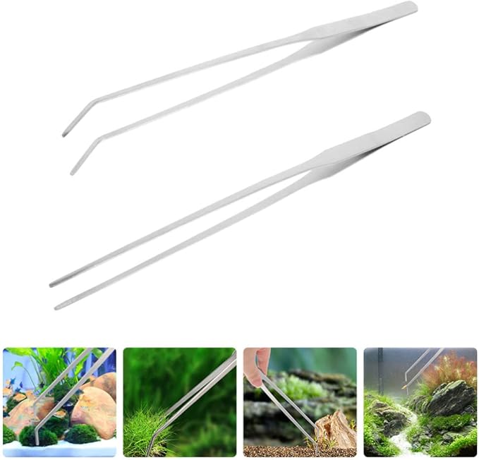 POPETPOP 2pcs Stainless Steel Aquarium Tweezers Straight Curved Tongs for Water Plants Fish Tank Maintenance and Feeding Ergonomic Design Easy to Use