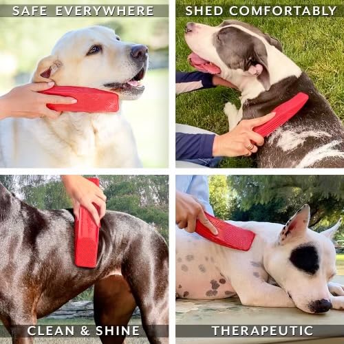 StripHair DOG Horse Grooming Set 2pc Gentle Groomer 6-in-1 Shedding Coat Shine Massage and Pet Hair Remover Tool (flexi red) + Dog Pet Wipes (8x8in)