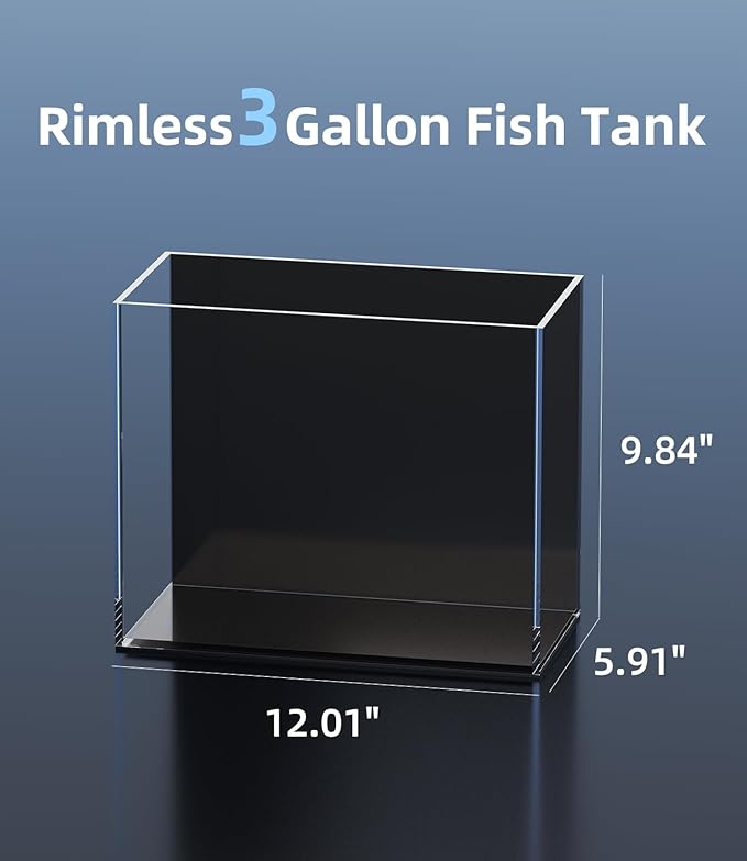 3 Gallon Glass Fish Tank Ultra Clear Rimless Aquarium, Built-in Black Background Rectangular Tank