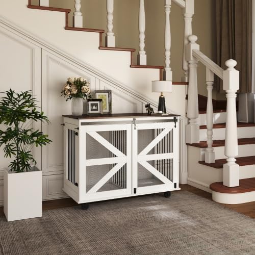 Mobile Dog Crate with Flip-Top Feeding Door, Dual-Access & 5 Caster System (2 Locking), Side Hooks - Multi-Functional Pet Kennel, 47.2" Double Dog Crate Furniture