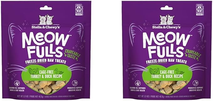 Stella & Chewy's Meowfulls Freeze Dried Cat Treats - Turkey & Duck Recipe - Raw Protein with Probiotics-& Salmon Oil - 1 Calorie Per Treat - 1.5 oz,(Pack of 2)