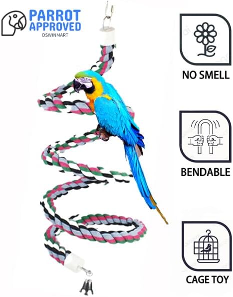 65inch Cotton Bendable Rope(Plus 1 Set 3 Steel Bells) Perch Swing Bird Chew Toys Amazon Parrots Cage Toys with Bell Swing Climbing Standing Bungee Bird Toys for Large to Regular Size Birds