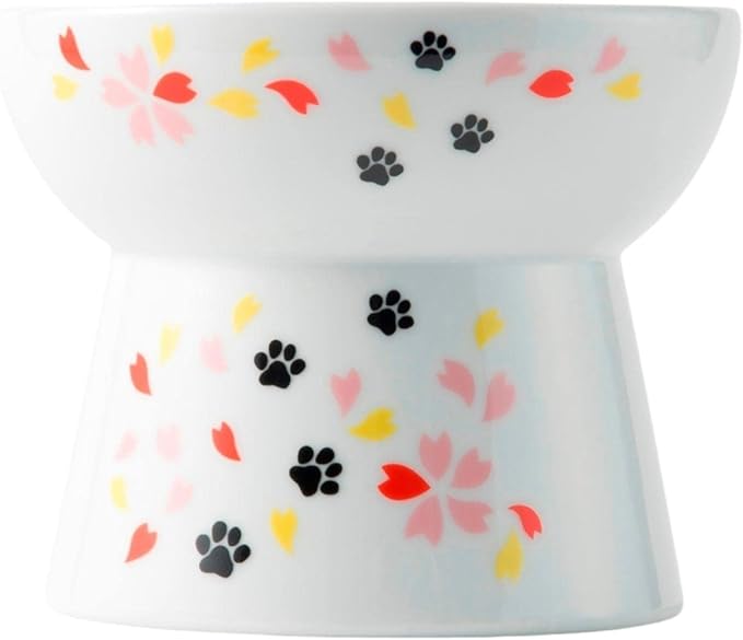 Necoichi Raised Cat Food Bowl – Ceramic Elevated Cat Bowl for Whisker & Neck Fatigue, Dishwasher Microwave Safe – Non-Slip & Anti Vomiting Ergonomic Design (Sakura Floral, Large, 2-Cup Capacity)