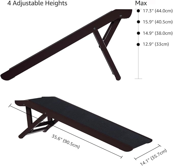 unipaws Foldable Wooden Pet Ramp with Adjustable Height, Dog Ramp to Reach High Bed and Couch, Durable Pet Ladder with Updated Non-Slip Yoga Mat for Dog and Cat (Espresso, Regular)